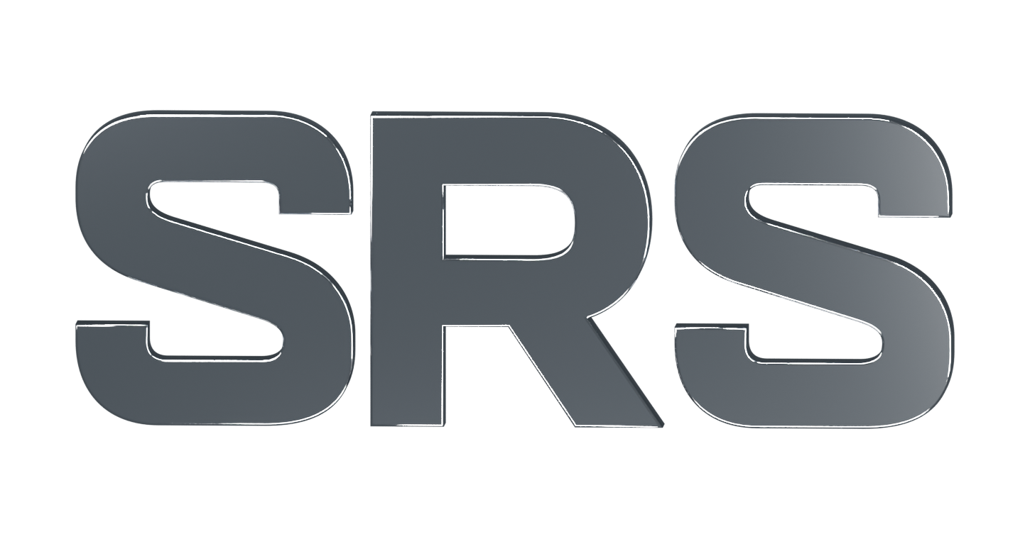 SRS wordmark sculpted in polished platinum